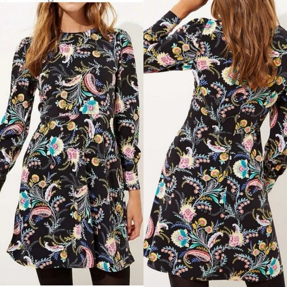 Loft Dress Size 8 Women's‎ Black Floral Paisley Fit & Flare Long Sleeve Casual